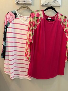 LuLaRoe Pink Floral Raglan Tops - Hot Pink & White with Pink Stripes